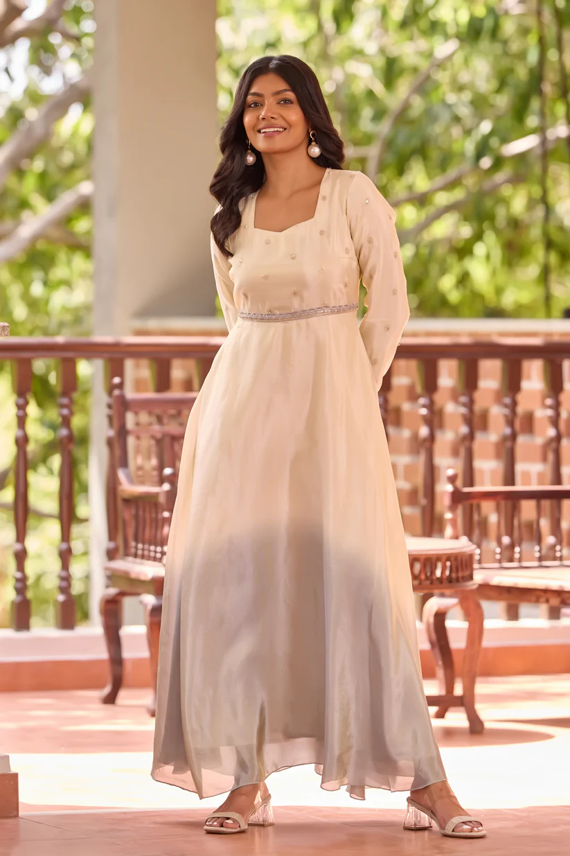 Off-White Ombre Dyed Anarkali in Tissue Silk